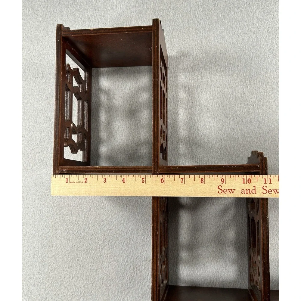 VTG Mahogany? Wood 3 Tier Wall Shelf Carved Fretwork 24